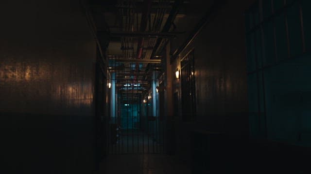 Person walking through a dark hallway in a prison