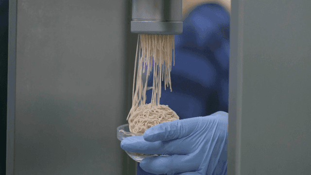 Dessert extruded into noodle shape in bowl