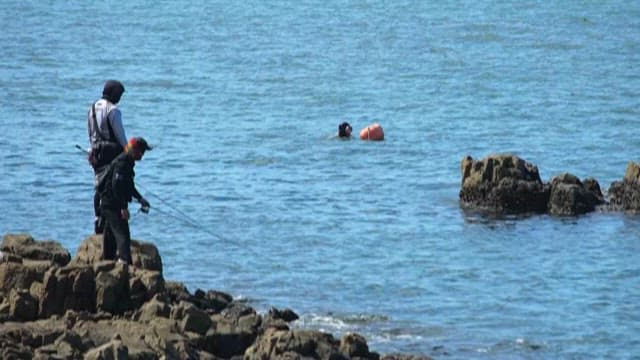 바위 위에서 낚시하는 사람들과 물질하는 해녀들