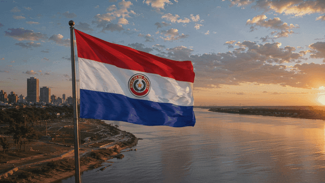 Paraguayan flag fluttering at sunset by river