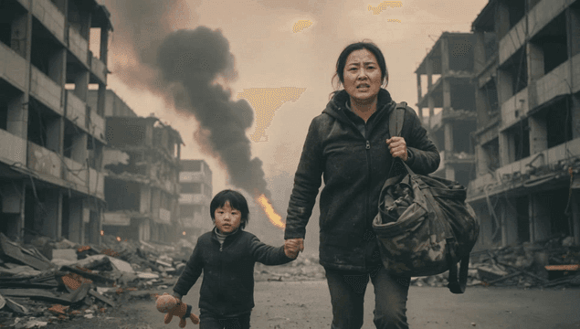 파괴된 마을을 탈출하는 엄마와 아이