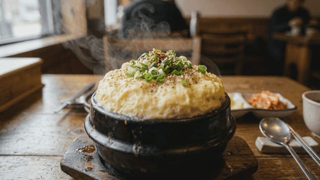 Steamed egg dish served in a hot pot