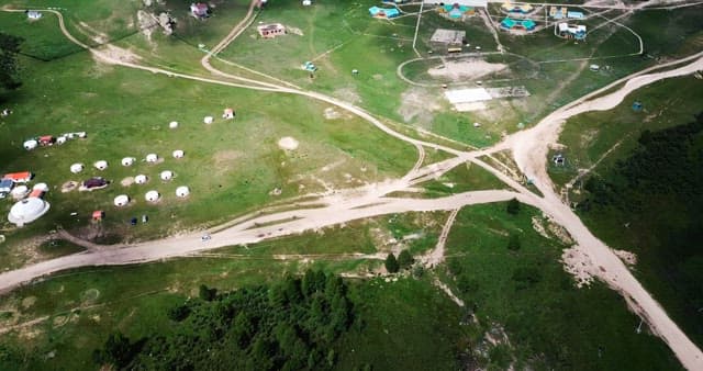 Mountainous landscape with scattered yurts