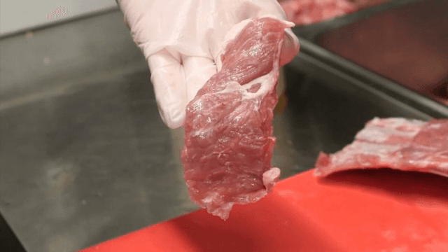 Gloved hand holding a piece of raw meat