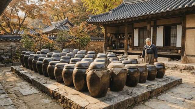 Traditional Korean house with pottery jars