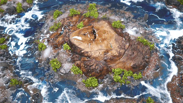 Resin art of flowing water around rocky island