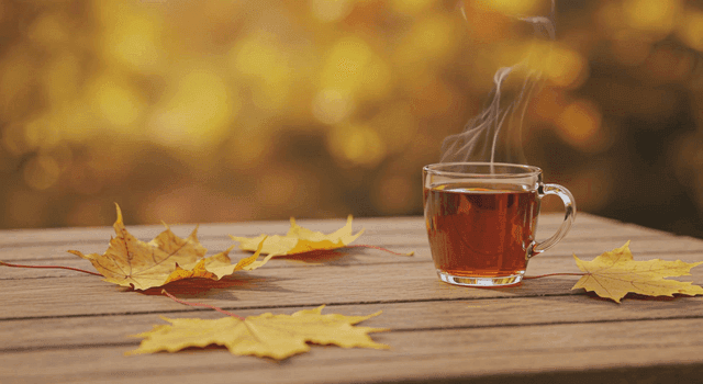 나무 테이블 위의 김이 나는 차 한 잔