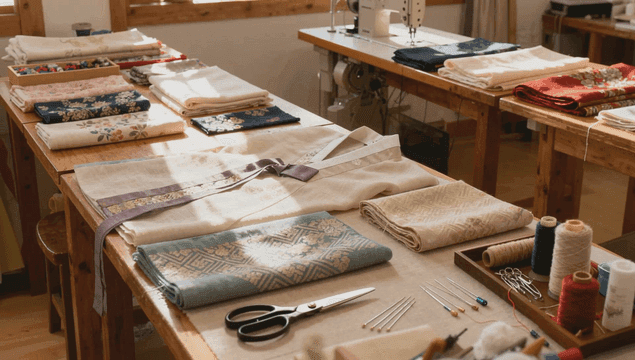 나무 작업대 위 전통 한복 원단과 바느질 도구