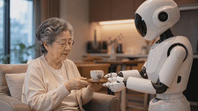 Robot that hands tea to elderly person