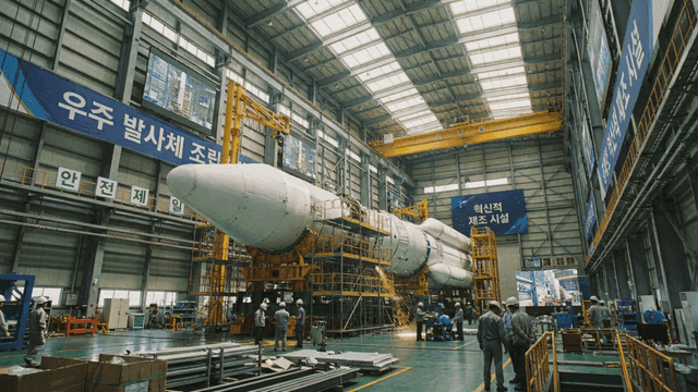 Workers assembling rockets at large facility
