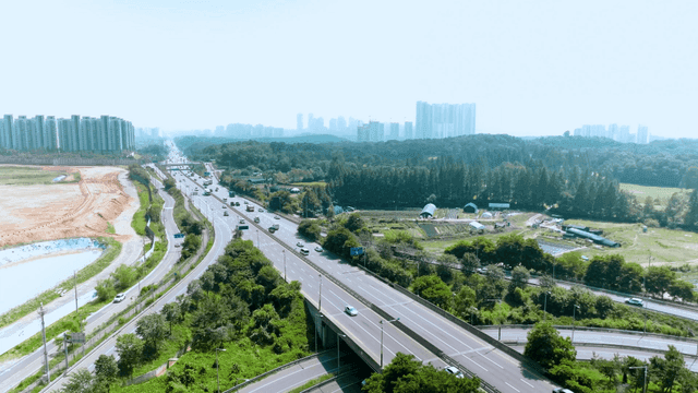 Highways cutting through city landscape