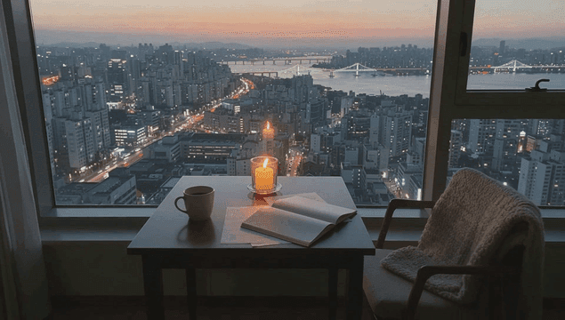 황혼의 도시 전망이 있는 아늑한 방