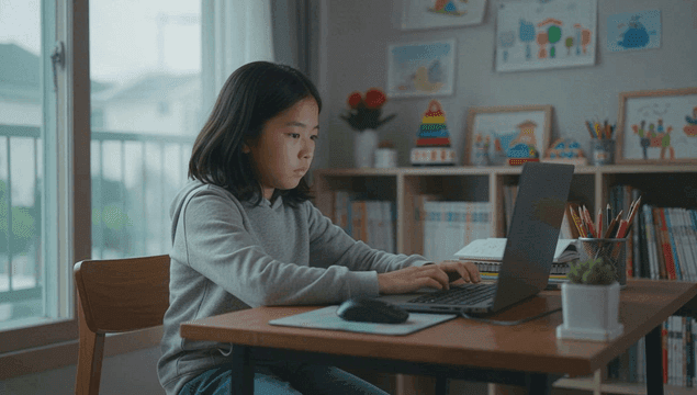 집에서 온라인 학습에 집중하는 아이