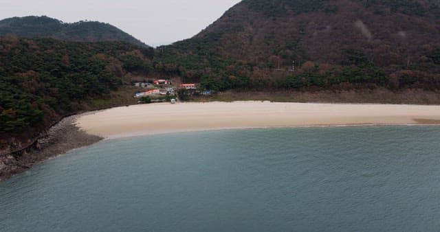 Secluded Beach with Forest and Mountains