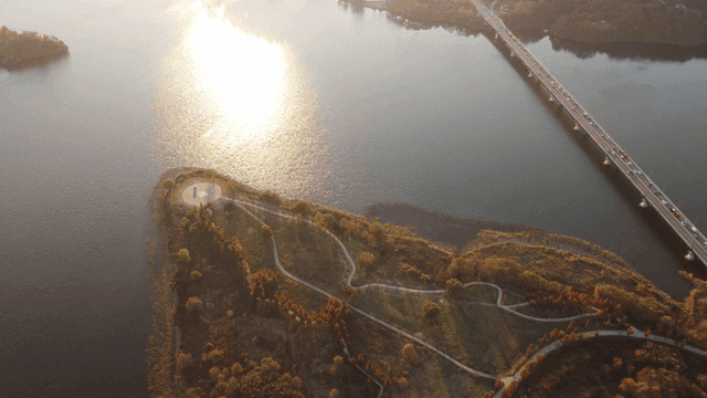 Scenic river with bridges and parks