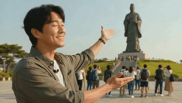 대형 동상을 소개하는 남자