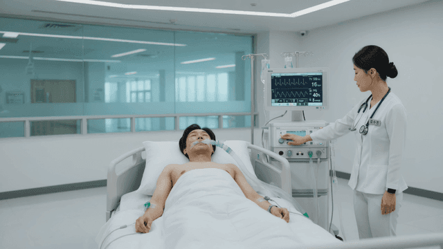 Doctor monitoring patient on ventilator in hospital room