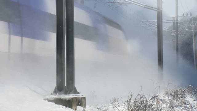 A high-speed train traveling through a snowy landscape