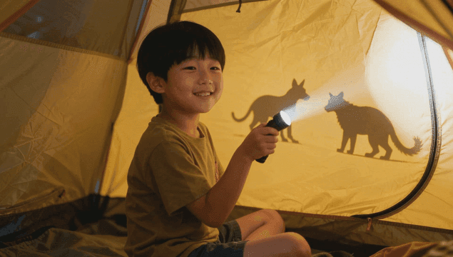 텐트 안에서 손전등을 들고 노는 남자 아이