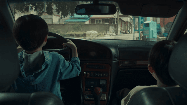 Boys sitting in car and driving in village
