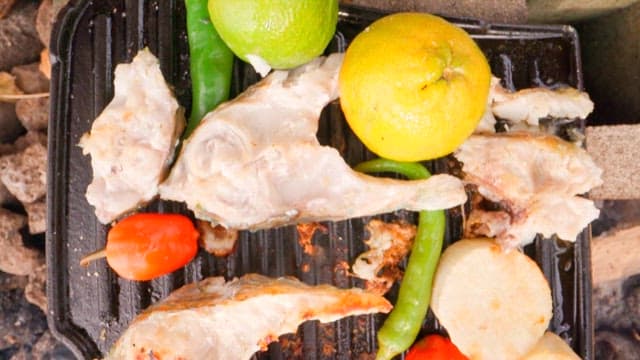 Fresh parrotfish and colorful vegetables grilled on an outdoor barbecue grill