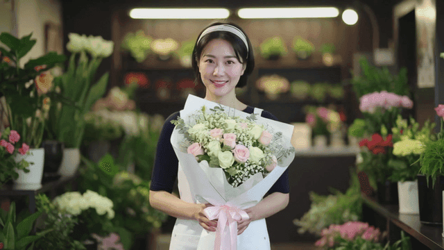 Florist holding bouquet at flower shop
