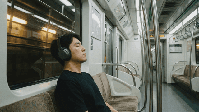 Man dozing off on subway with wireless headset on