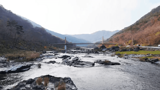 Bridge visible in distance and calm river.