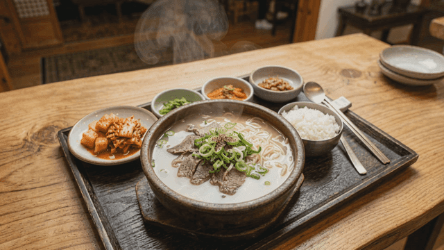 Hot beef seolleongtang served with kimchi