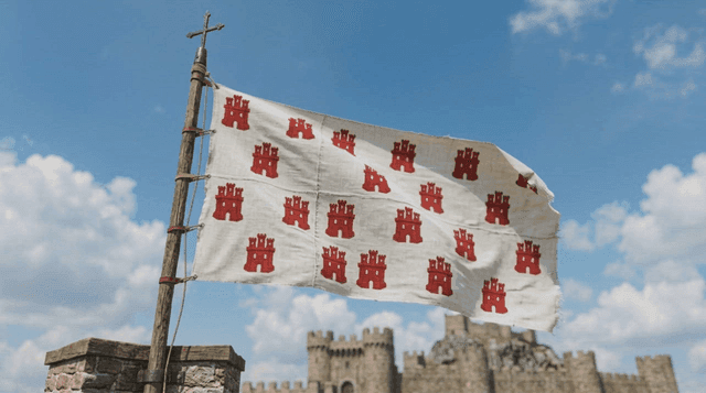 European medieval flags fluttering in front of historic castle