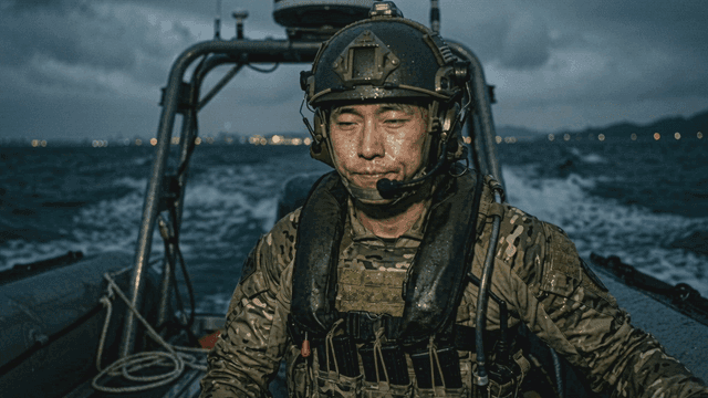 Soldiers on boat in rough sea