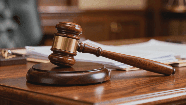 법정의 나무 책상 위의 판사봉