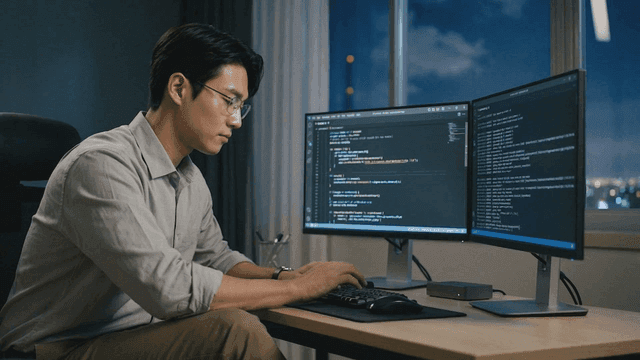 Man coding on computer at night
