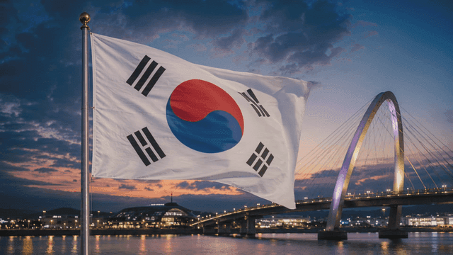 Korean flag waving near a modern bridge