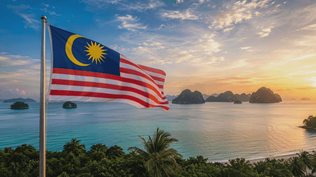 Malaysian flag fluttering in sea at sunset