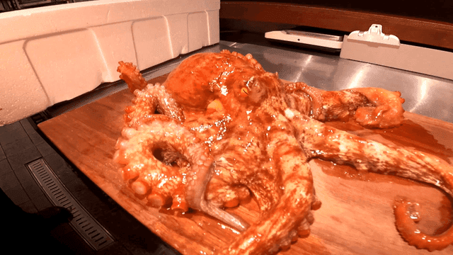 Live, fresh octopus on wooden cutting board