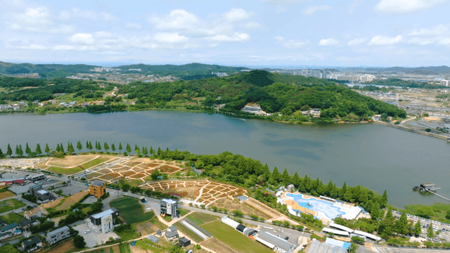 View of lake and surrounding hills