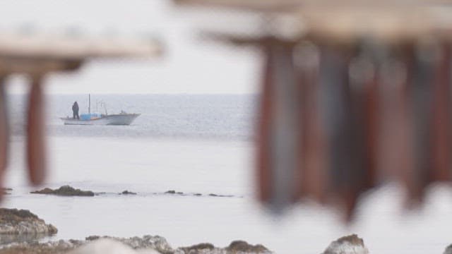 물가 근처 건조대에 말리고 있는 생선