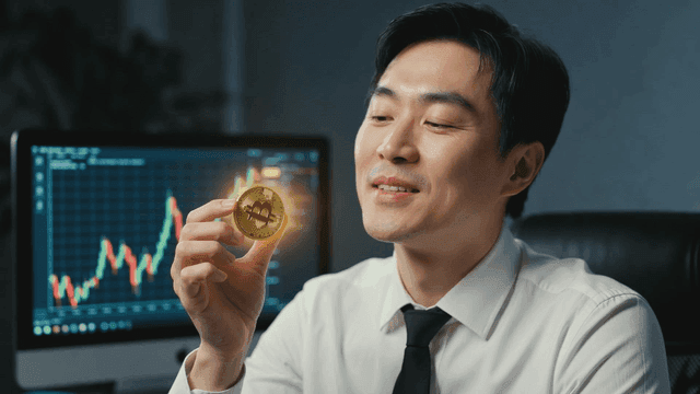 Smiling man holding a Bitcoin in office