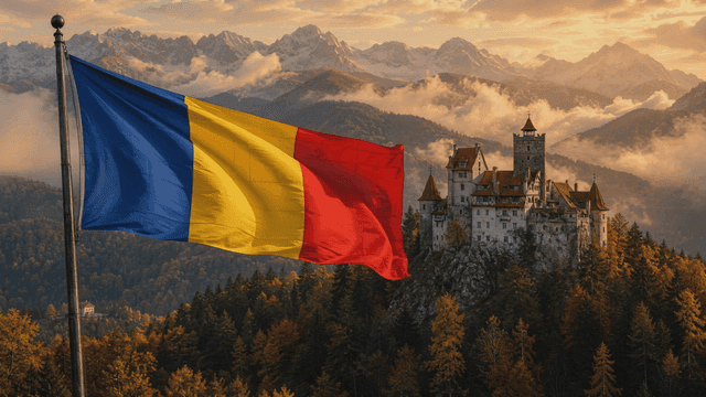 Castle in mountainous landscape and Romanian flag