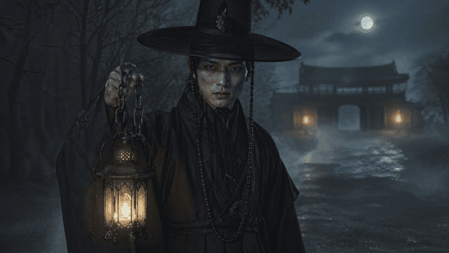 Grim Reaper wearing traditional black Hanbok holding lantern at night