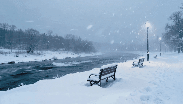 Snowy riverbank with benches and streetlights