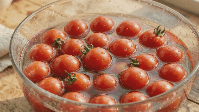 A bowl of fresh cherry tomatoes in water