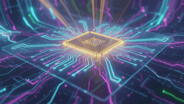 Glowing circuit board with vibrant colors