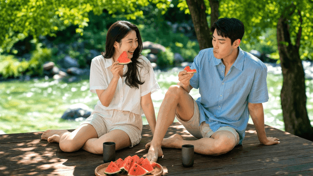 강가에서 수박을 먹는 커플