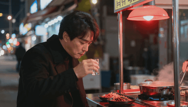 Man eating street food and drinking alcohol at night