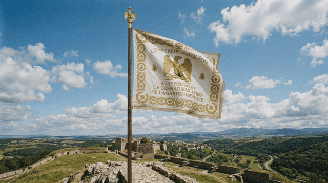 Napoleon's historical flag over scenic landscape