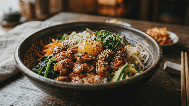 Bowl of cockle bibimbap with fresh vegetables