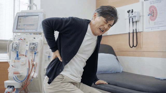 Male patient suffering from back pain at clinic