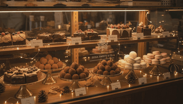 베이커리에 진열된 다양한 디저트